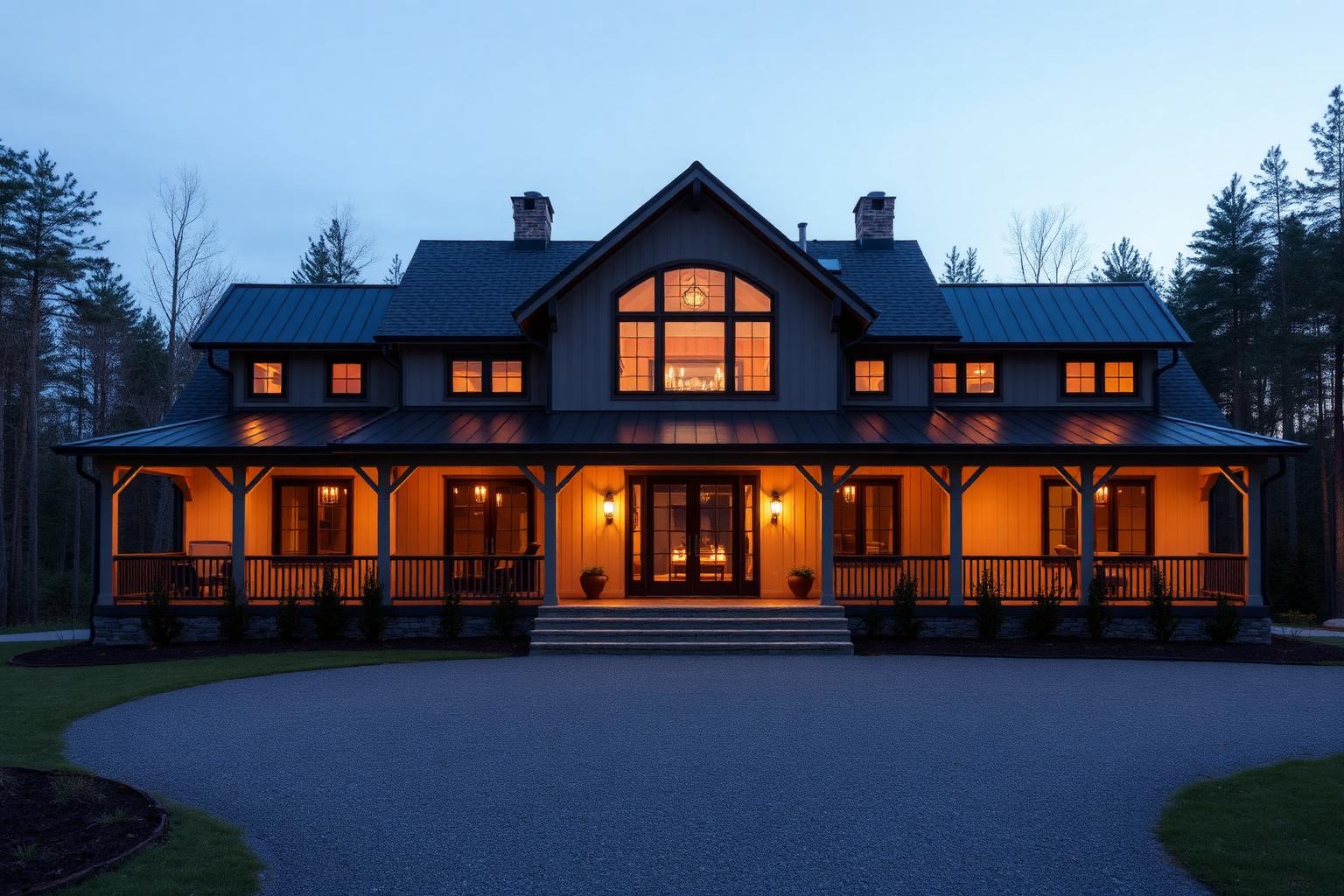 Custom barndominium exterior with wraparound porch at dusk