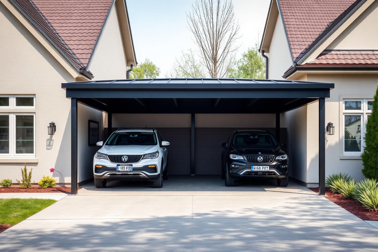 Modern steel carport covering two vehicles beside a home