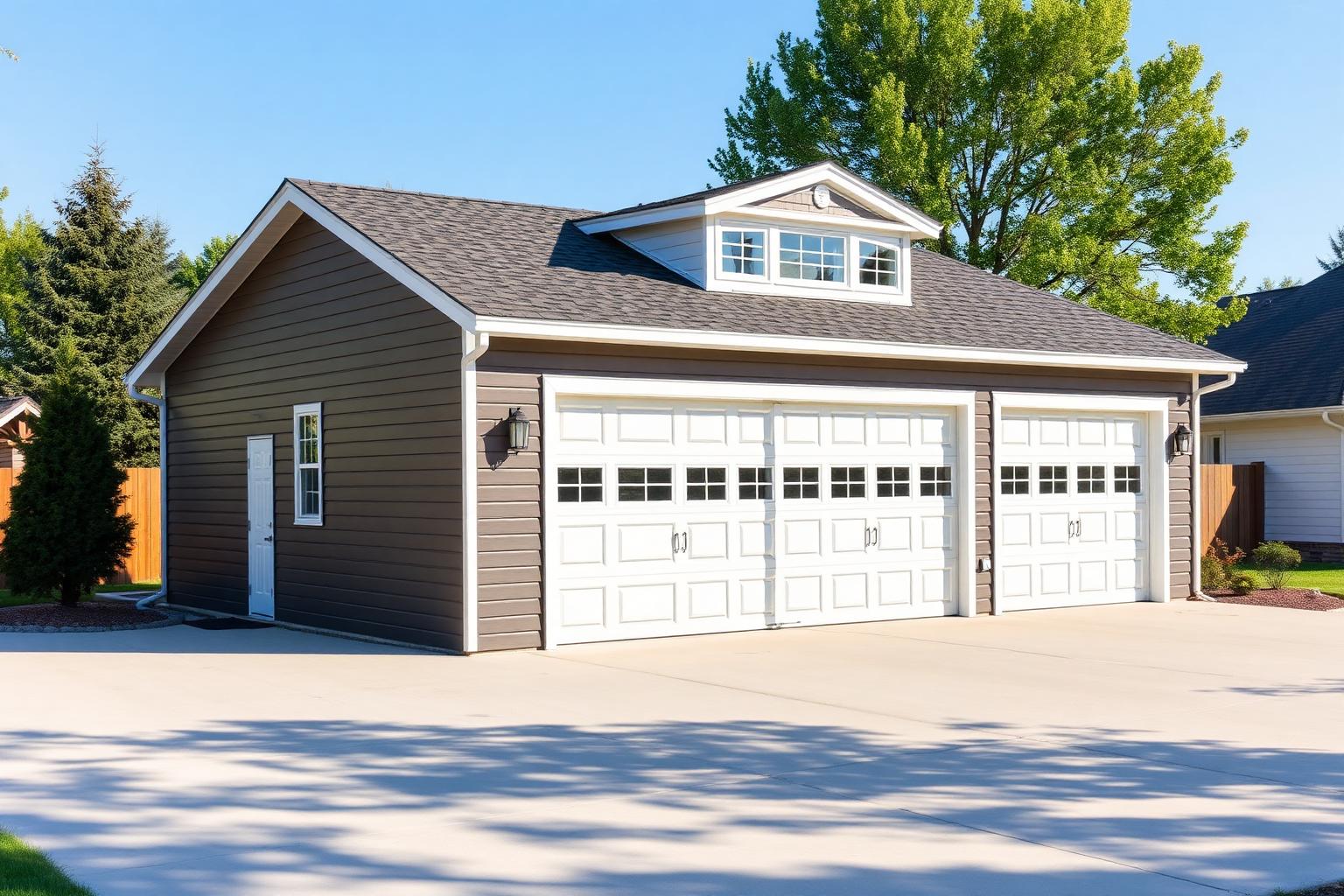 Detached custom garage building with three bay doors on a residential property