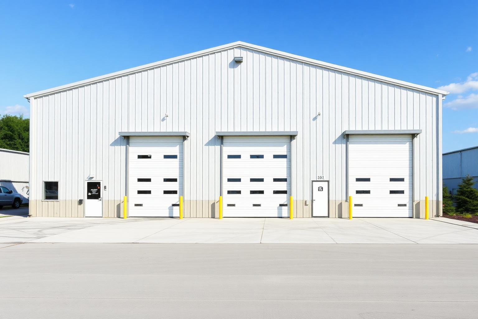 Large pre-engineered metal building with tall bay doors