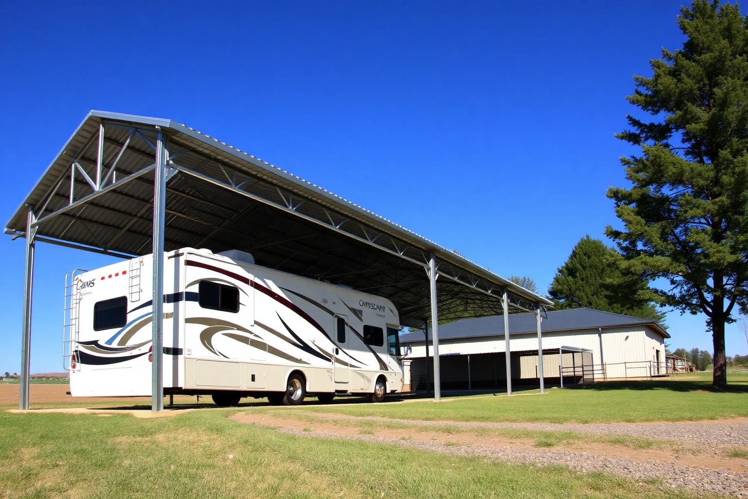 Tall steel RV cover sheltering a motorhome on a rural property