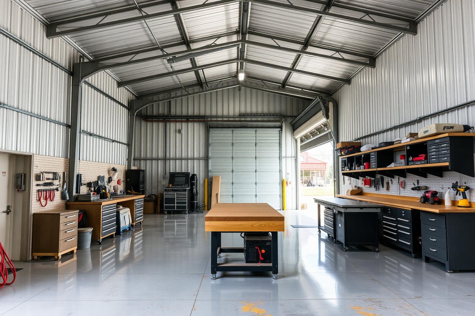 Interior of a metal building workshop with workbenches and tool storage